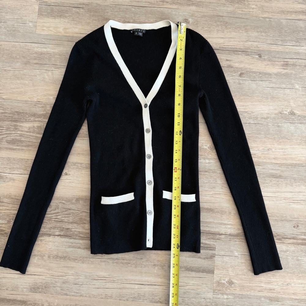 Theory Ribbed Knit Cardigan Black w/ White Trim V-Neck Button Front Women P S - Picture 5 of 6